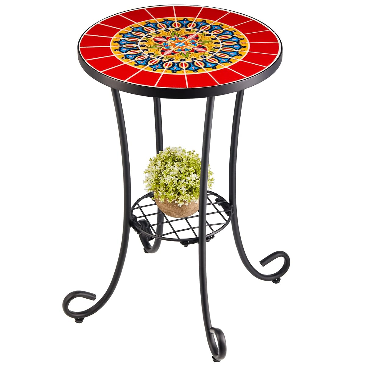 Patio Side Table and Plant Stand, 21" End Table with 14" Ceramic Tile Top for Porch Garden Decor, Indoor and Outdoor Mosaic Table, Living Room Bedroom Balcony Furniture for Home & Garden, Red