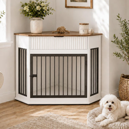 Wooden Corner Dog Crate Furniture for Small & Medium Dogs (White)