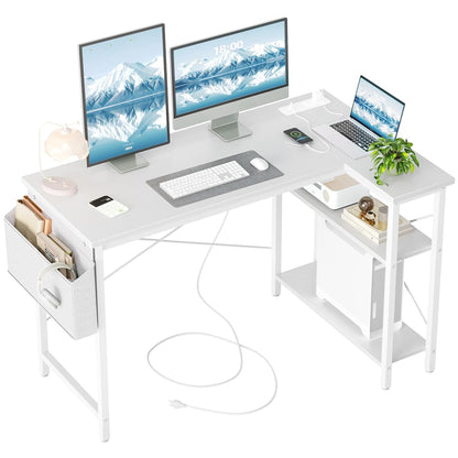 L Shaped Computer Desk with Power Outlets, 47 Inch Small Corner Desk with Reversible Shelves, Gaming Desk Computer Table Study Writing Desk for Home Office Small Space, White