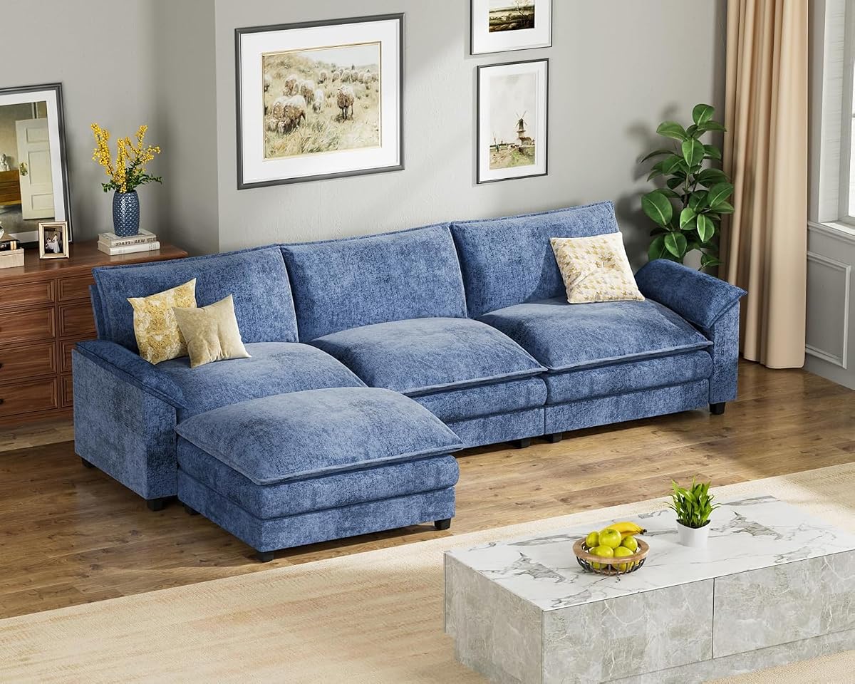 119" Modular Sectional Sofa, L Shaped Sofa Couch with Reversible Ottoman, DIY Combination Chenille Deep 3-Seat Cloud Couch for Living Room, Apartment (Dark Blue, L Shaped Sofa)