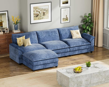 119" Modular Sectional Sofa, L Shaped Sofa Couch with Reversible Ottoman, DIY Combination Chenille Deep 3-Seat Cloud Couch for Living Room, Apartment (Dark Blue, L Shaped Sofa)
