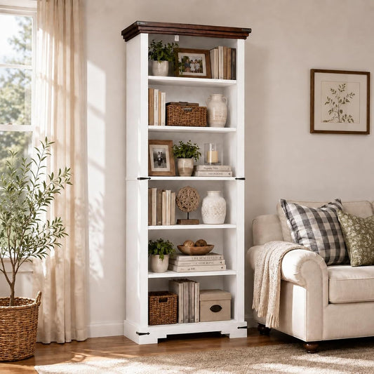 6-Tier Farmhouse Bookshelf, 73 inch Tall Bookcase with 2 Adjustable Shelves