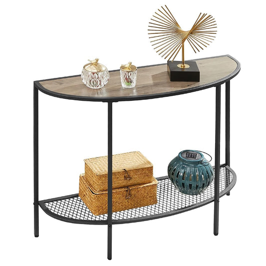 Console Table 2 Tier Narrow Entryway Table with Storage Shelves Half Moon Sofa Couch Table Industrial Small Entry Way Tables for Living Bedroom Hallway Office Easy Assembly, Gray Black