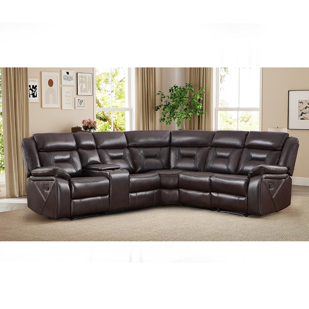 Faux Leather Reclining Sectional Couch for Living Room, L-Shaped Sectional Corner Manual Recliner Sofa Home Furniture Set with Center Console, Cup Holders and Storage, Dark Brown