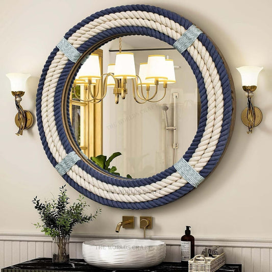 Nautical Round Rope Mirror, White Twisted Rope Wall Hanging Mirror