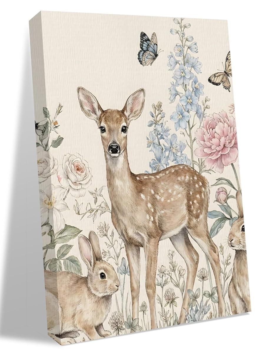 NuYeBiofx Farmhouse Deer Rabbit Butterfly Canvas Wall Art Prints,40"x28" Framed Picture Artwork Retro Pastoral Flower Leaf Printed Canvas Oil Painting for Living Room Bedroom Office,Ready to Hang