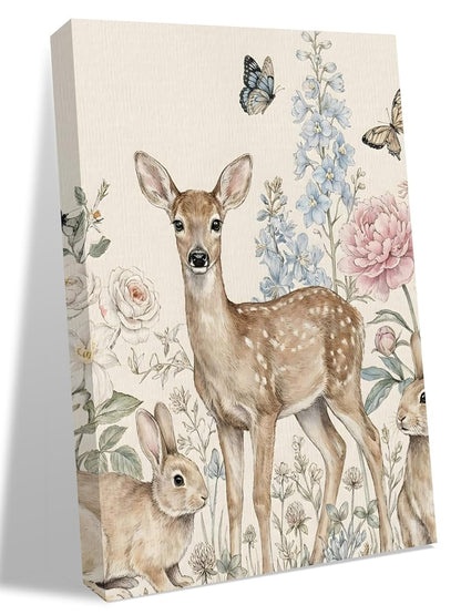 NuYeBiofx Farmhouse Deer Rabbit Butterfly Canvas Wall Art Prints,40"x28" Framed Picture Artwork Retro Pastoral Flower Leaf Printed Canvas Oil Painting for Living Room Bedroom Office,Ready to Hang