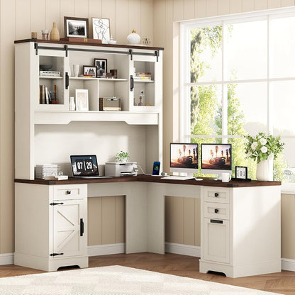 68.9'' Farmhouse L Shaped Desk with Hutch and Drawers