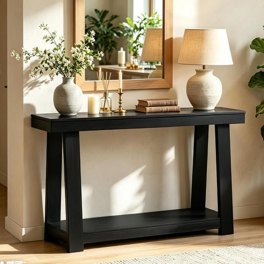 Black Console Table, 43.5 Inch Narrow Black Entryway Table with 2-Tier Storage, 500lbs Heavy Duty Sofa Table Behind Couch, Hallway Entry Table for Small Spaces, Living Room & Foyer