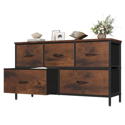 5 Drawer Dresser for Bedroom, Closet Chest Organizer Furniture, TV Stand for Living Room Hallway, Wide Fabric Storage Tower with Wooden Top and Metal Frame, Brown