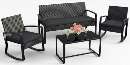 4 Piece Patio Furniture Set, Outdoor Wicker Patio Furniture with Glass Coffee Table, Modern Rattan Rocking Chairs Conversation Set, for Porch, Garden, Lawn (Black)