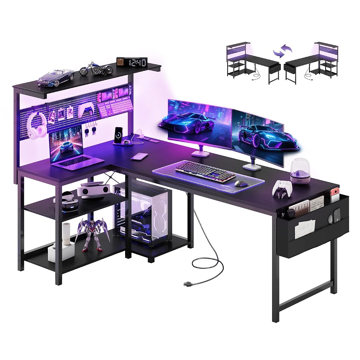 55in L Shaped Gaming Desk with Pegboard & Shelf & Storage Bag, Black