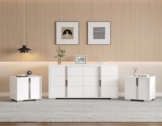 3 Piece Bedroom Set, Two 23.6" Nightstands & 6-Drawer Dresser, Silent Glide Drawers & Metal Handles, Modern High Gloss UV Finish, Dresser Set for Bedroom, White