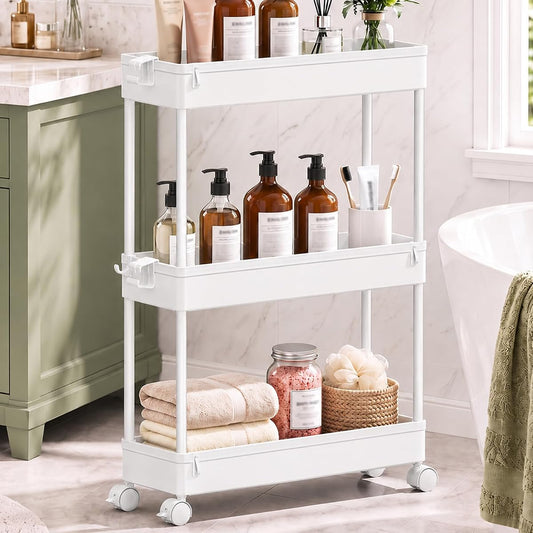 Slim Rolling Storage Cart, 3 Tier Bathroom Cart Organizer,White
