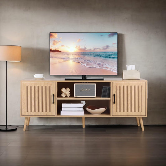 Modern TV Stand for 65 Inch TV, Entertainment Center with 2 Storage Cabinets and Adjustable Shelf, Solid Wood Feet, 4 Cord Holes, Groove Stripe Media TV Console Table for Living Room Bedroom (Natural)