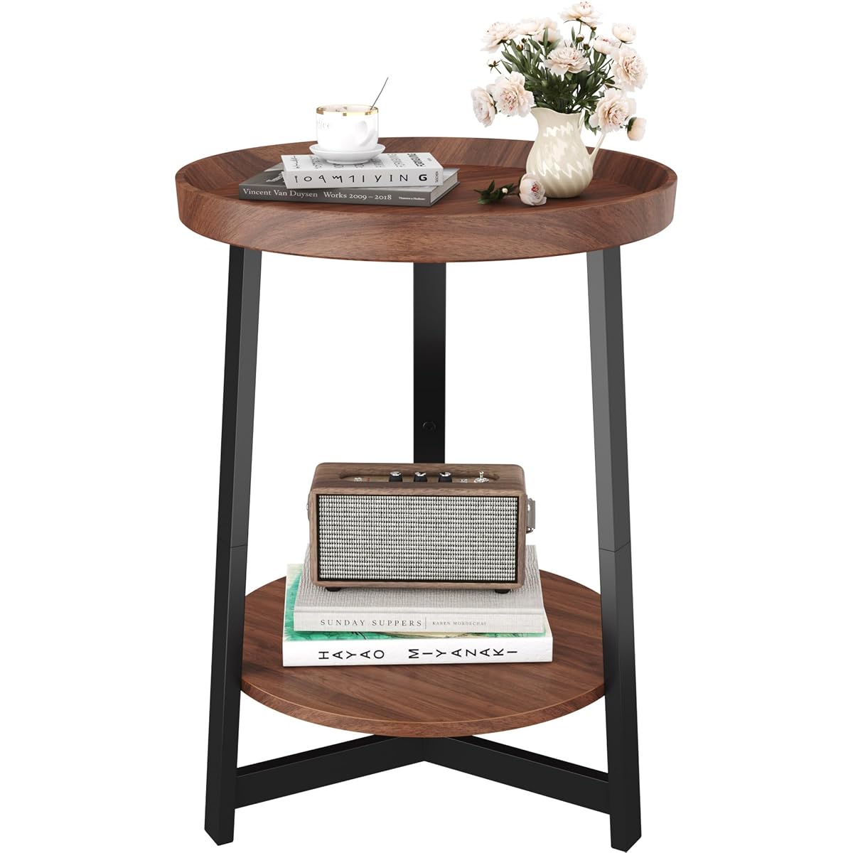 Industrial 2 Tier Round Side Table with Storage Shelf,Accent Tray End Table with Triangular Metal Support, Nightstand Bedside Sofa Table for Living Room, Bedroom, Balcony, Cherry