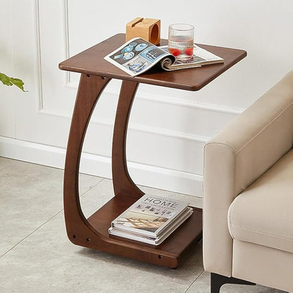 Emerson Solid Wood End Table with Rolling Wheels, C Shaped Side Table, TV Tray Table, Couch Table that Slide Under for Small Space, Living Room, Bedroom (Walnut)-Large