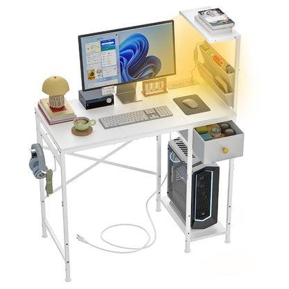 33.7" Computer Desk with Power Outlets, LED Lights & Drawer