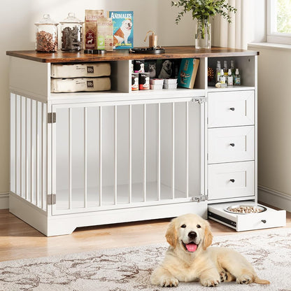 48 Inch Dog Crate Furniture with Bowl & Drawers