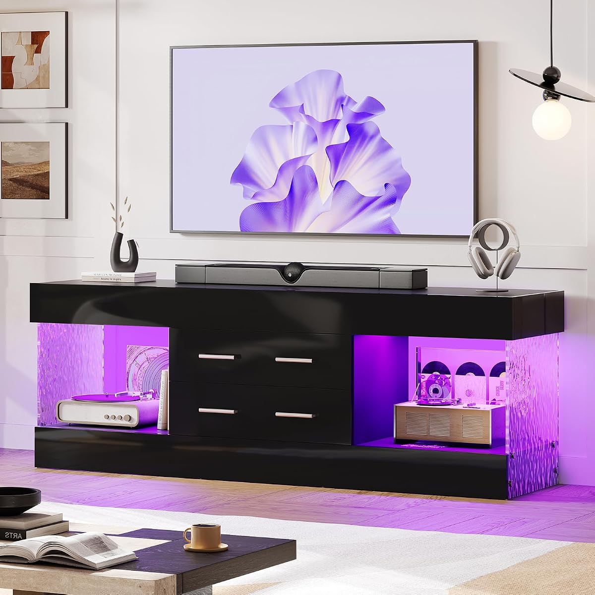 60 Inch Black TV Stand for 65 Inch TV, LED Entertainment Center