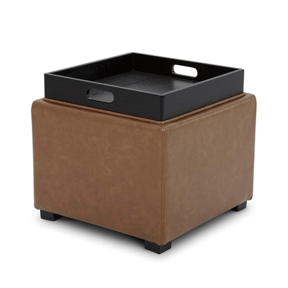 CHITA Storage Ottoman Cube with Tray Lid, Small Footstool with Storage, Square End Table for Living Room and Bedroom, Faux Leather in Saddle Brown