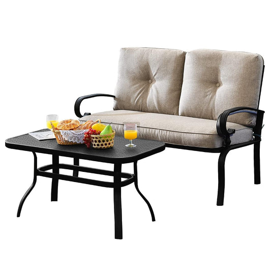 Patio Loveseat with Table Set, 2 Seat Cushioned Sofa with Coffee Table, Patio Conversation Sofa Set with Rustproof Frame, 2 Pieces Outdoor Furniture Set for Garden, Poolside, Balcony (Beige)