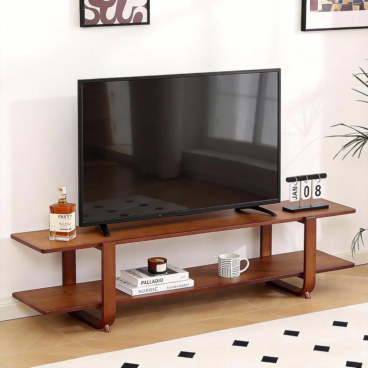 Walnut TV Stand for 65-Inch TVs, 2 Open Shelves, Modern Media Console
