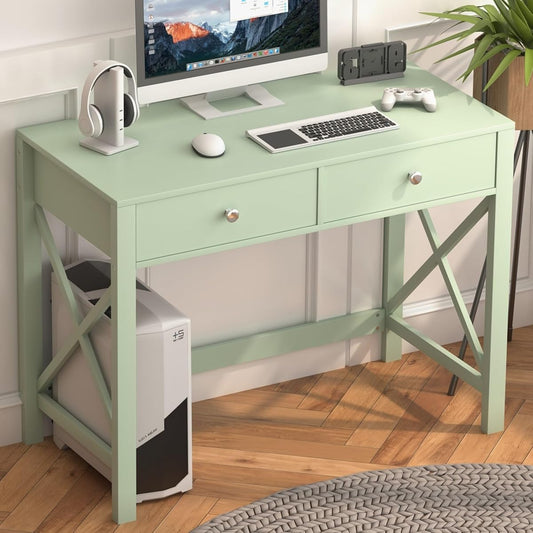 Home Office Desk with Drawers, Modern Writing Computer Desk for Bedroom, Small Makeup Vanity Table Study Table for Home Office,Green