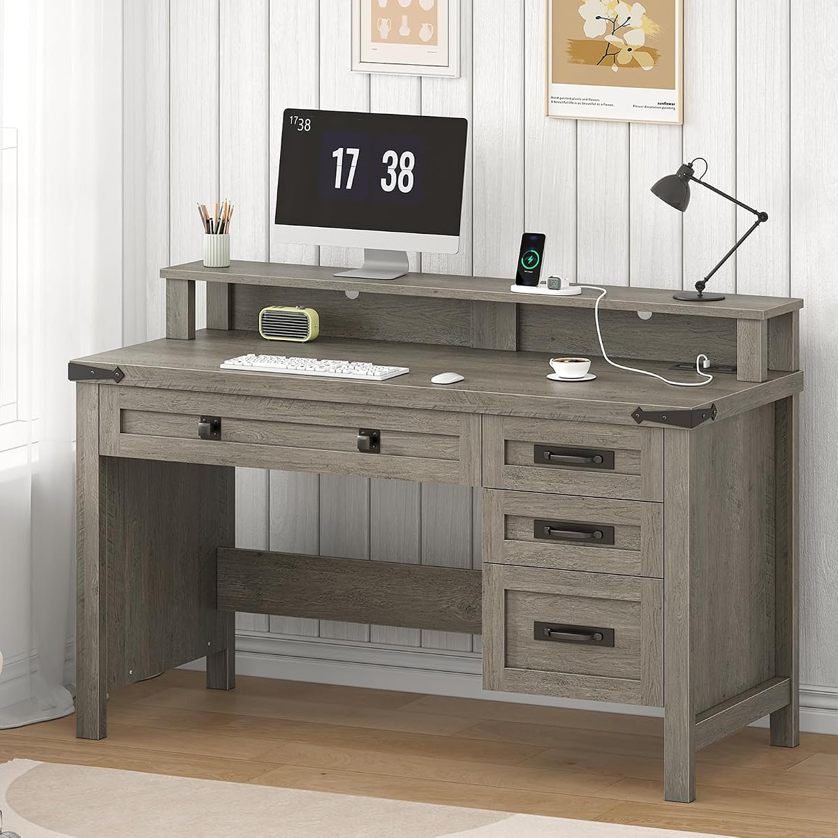 47" Farmhouse Computer Desk with 4 Drawers for Home Office, Bedroom