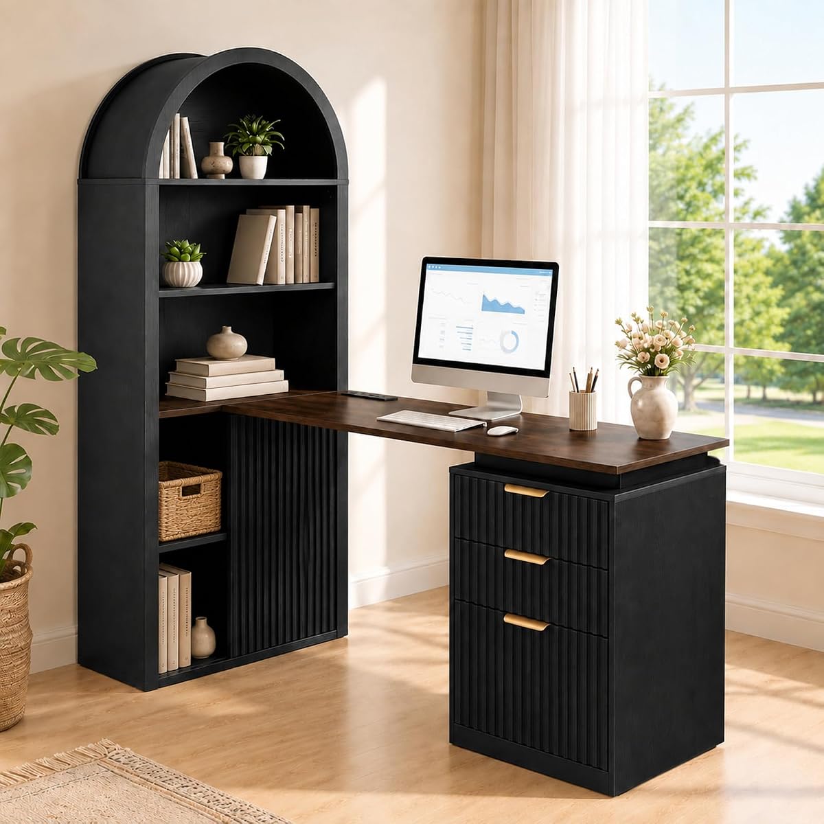 61" L Shaped Desk with Arched Hutch