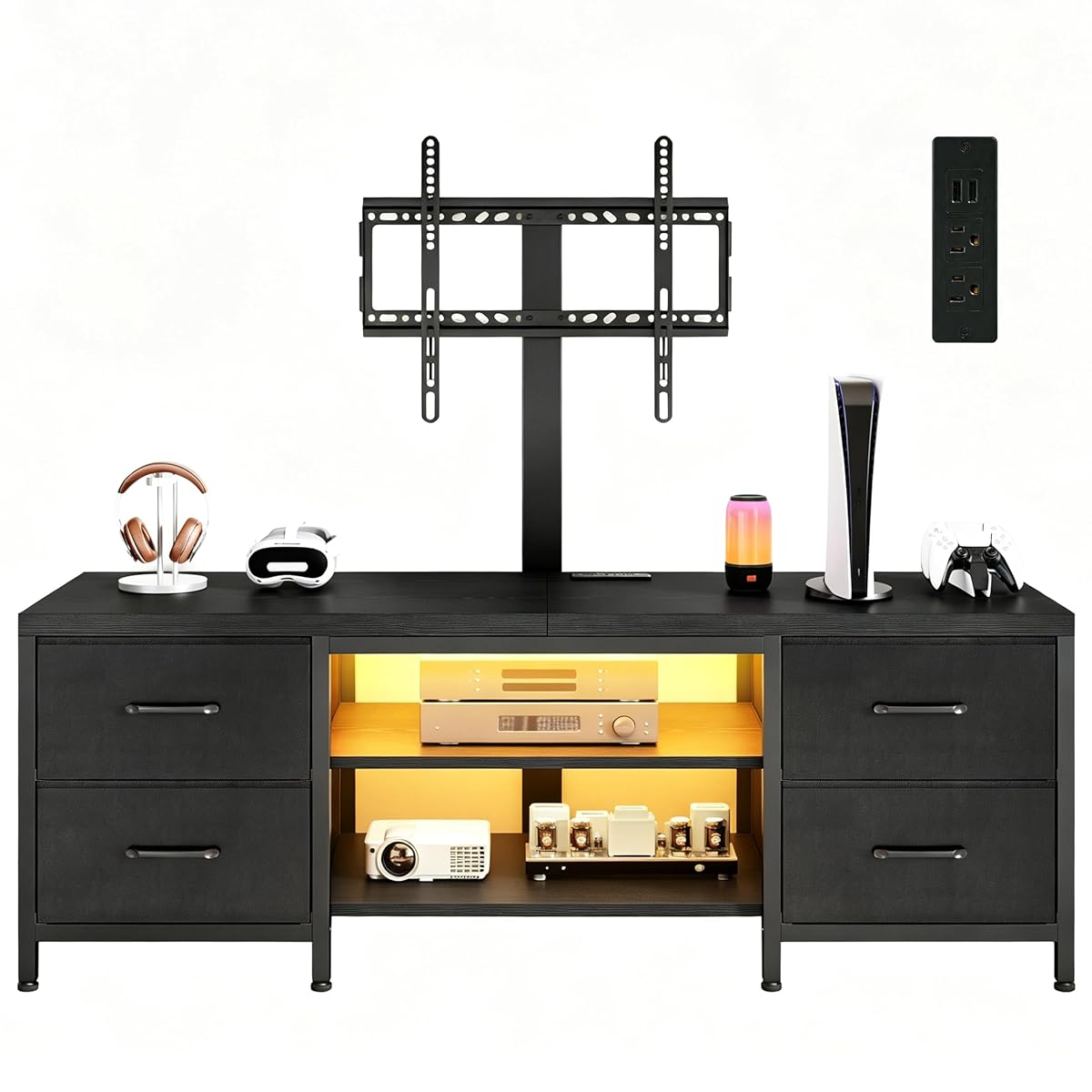 TV Stand with Mount for 75 Inch TV, w/LED & Outlets, 59'' Black