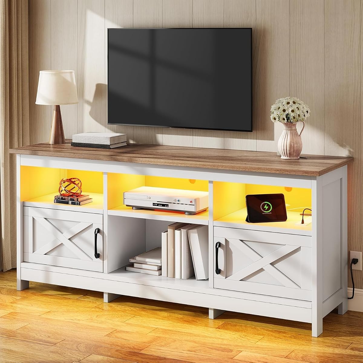 TV Stand with Cabinets, Power Outlet & LED, Living Room, White