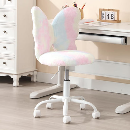 Kids Desk Chair, Faux Fur Butterfly Chair with Wheels Adjustable Cute Swivel Kids Office Chair for Bedroom Reading Room - Colorful