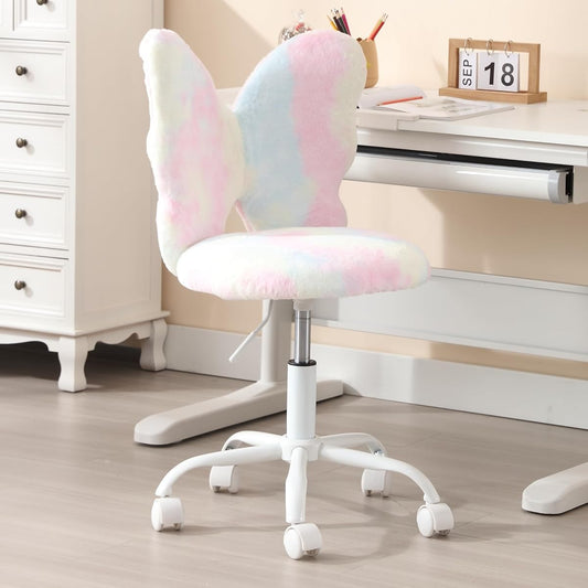 Kids Desk Chair, Faux Fur Butterfly Chair with Wheels Adjustable Cute Swivel Kids Office Chair for Bedroom Reading Room - Colorful