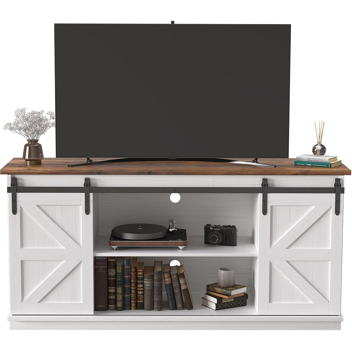 TV Stand for 65 Inch TV, Sliding Barn Doors, Bright White