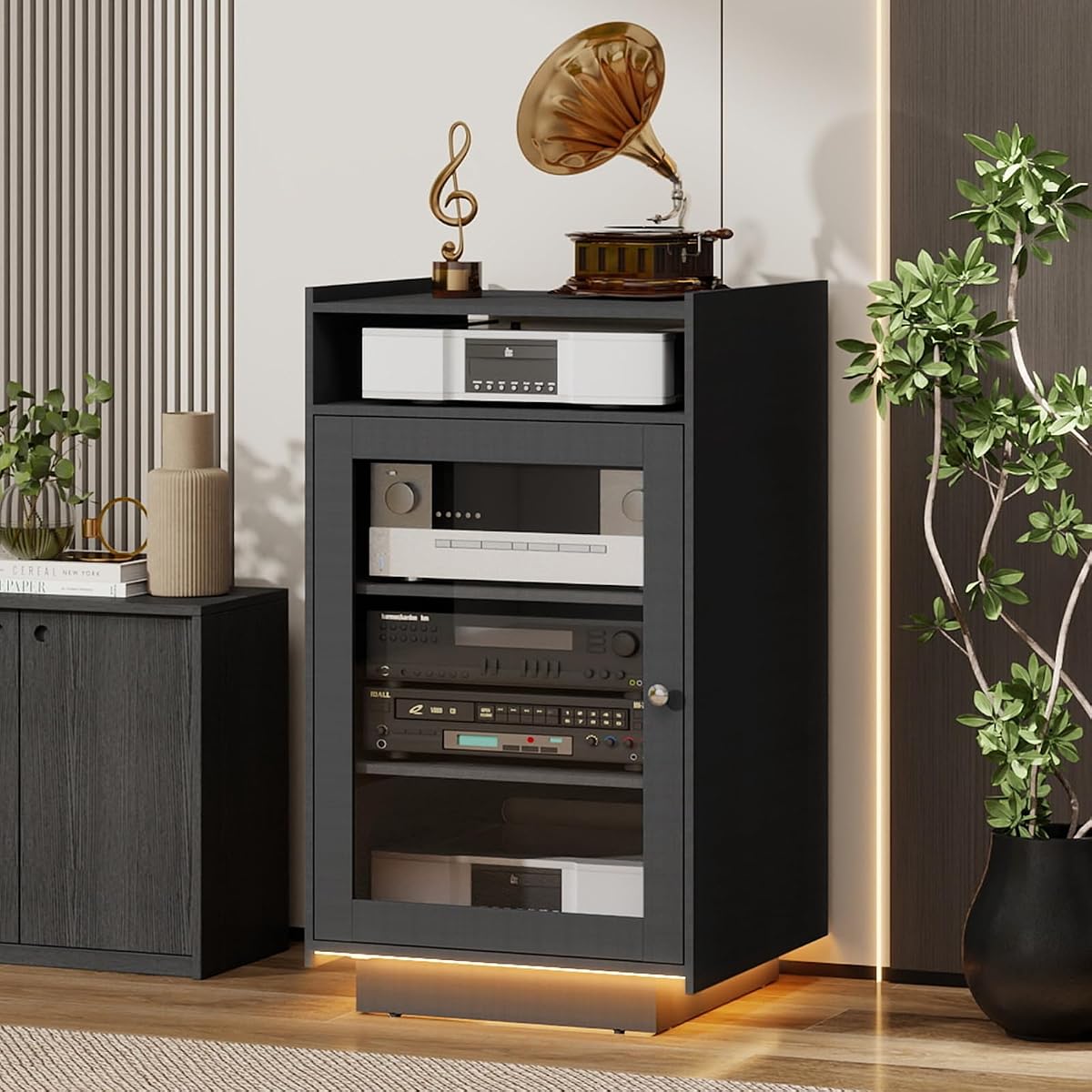 Media Cabinet with Glass Door, 5 Tier Stereo Cabinet, Black