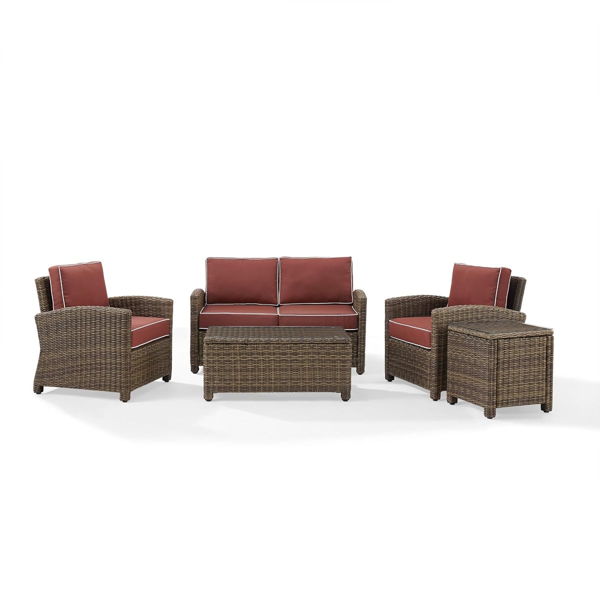 Crosley Furniture KO70050WB-SG Bradenton Outdoor Wicker 5-Piece Seating Set (Loveseat, 2 Arm Chairs, Side & Coffee Table), Weathered Brown with Sangria Cushions