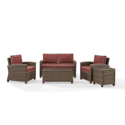Crosley Furniture KO70050WB-SG Bradenton Outdoor Wicker 5-Piece Seating Set (Loveseat, 2 Arm Chairs, Side & Coffee Table), Weathered Brown with Sangria Cushions
