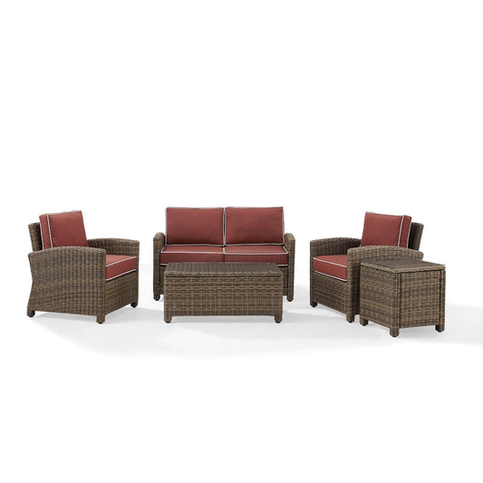 Crosley Furniture KO70050WB-SG Bradenton Outdoor Wicker 5-Piece Seating Set (Loveseat, 2 Arm Chairs, Side & Coffee Table), Weathered Brown with Sangria Cushions
