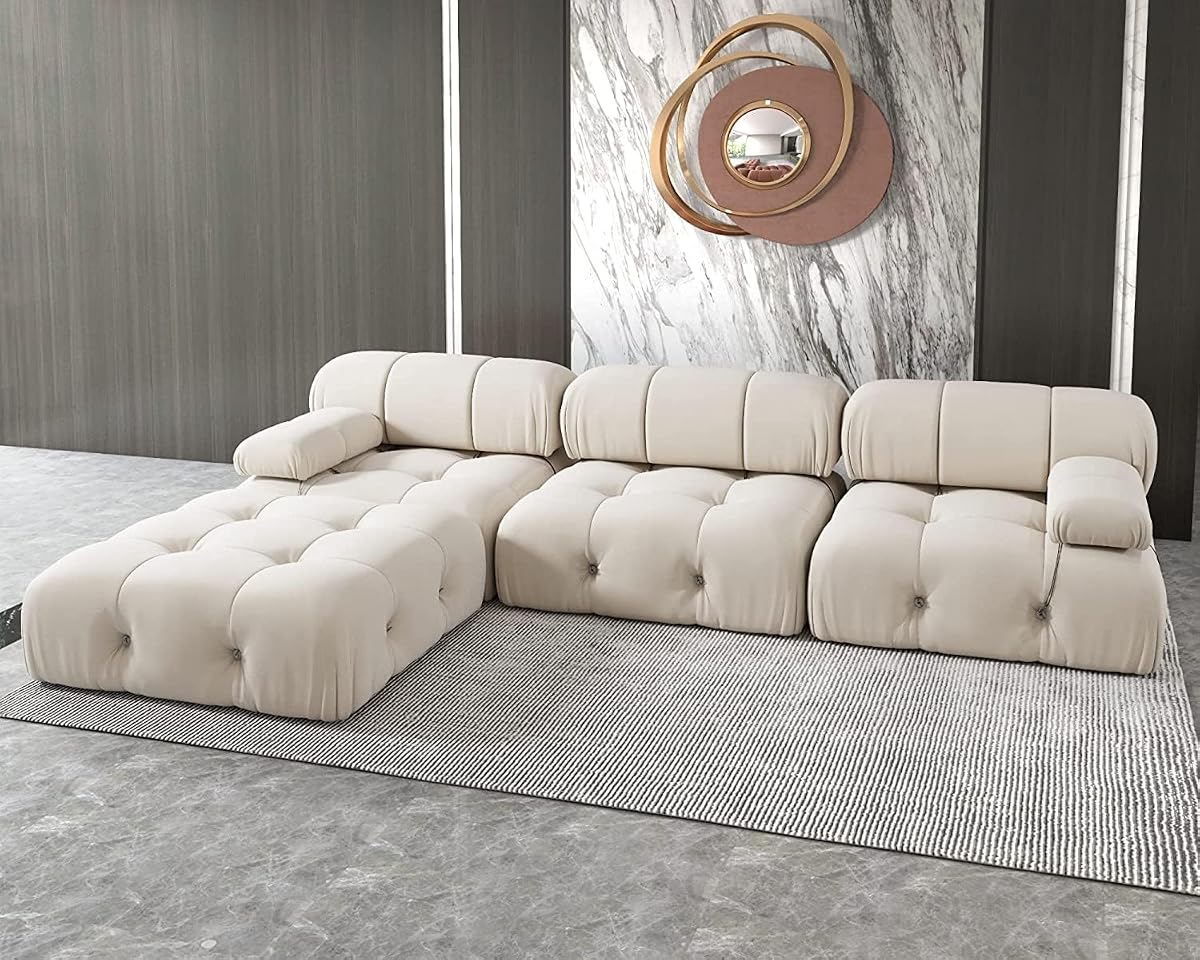 L-Shaped Sectional Couch, 104'' Minimalist Velvet Floor Sofas Couches, Mid-Century Modular Sectional Sofa with Reversible Chaise Ottoman for Living Room, Apartment (3-Seat, 1 Ottoman, Beige)