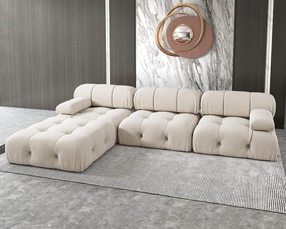 L-Shaped Sectional Couch, 104'' Minimalist Velvet Floor Sofas Couches, Mid-Century Modular Sectional Sofa with Reversible Chaise Ottoman for Living Room, Apartment (3-Seat, 1 Ottoman, Beige)
