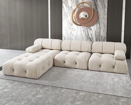 L-Shaped Sectional Couch, 104'' Minimalist Velvet Floor Sofas Couches, Mid-Century Modular Sectional Sofa with Reversible Chaise Ottoman for Living Room, Apartment (3-Seat, 1 Ottoman, Beige)