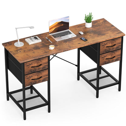Computer Desk with Drawers, 55 Inch Home Office Bedroom Table with 4 Fabric Drawers & 2 Mesh Storage Shelves, Wood Table with X-Shaped Structure for Writing Study PC Desk, Brown