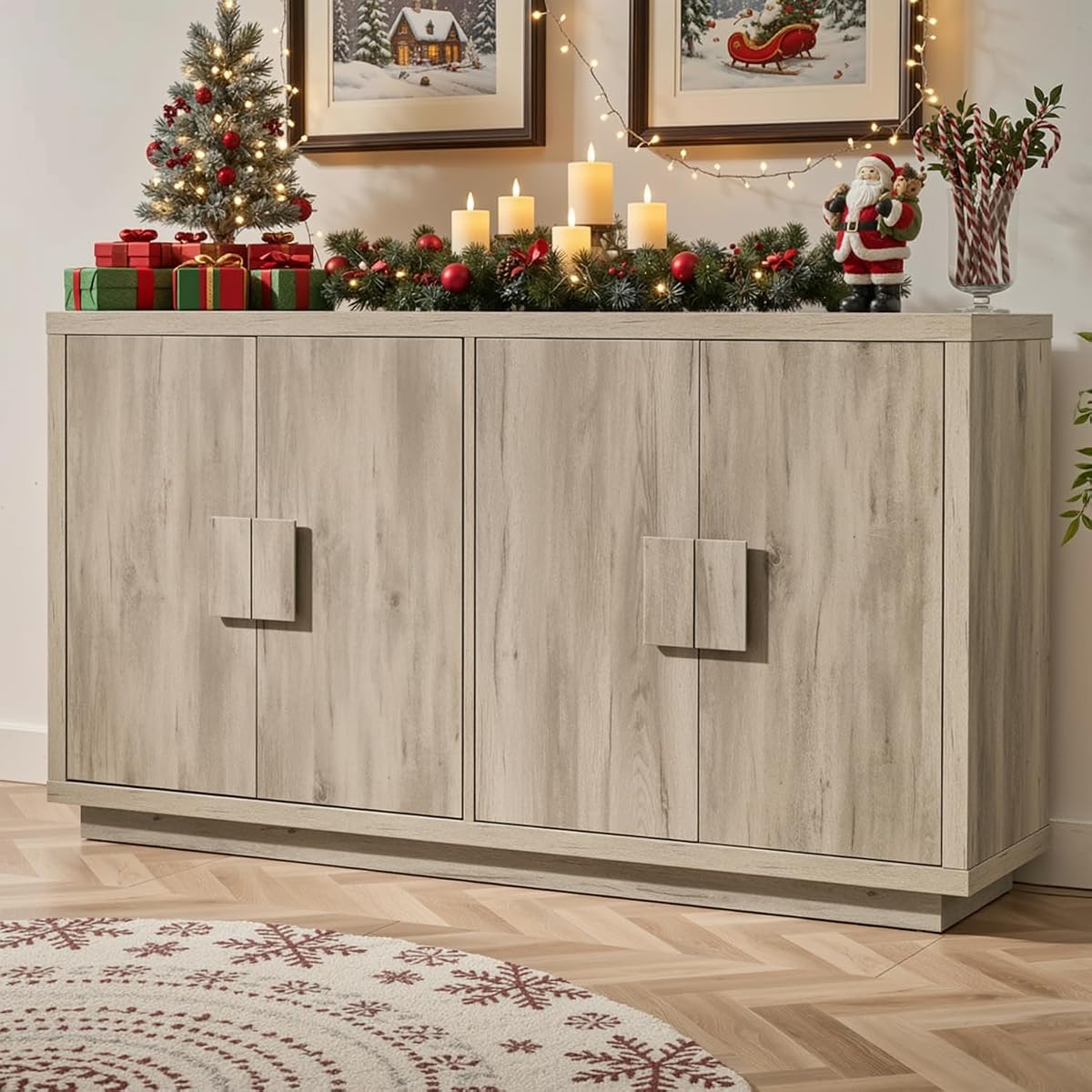 63" Sideboard Buffet Cabinet, Wooden Kitchen Coffee Bar, Light Grey