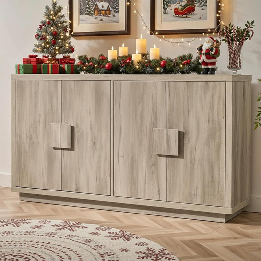 63" Sideboard Buffet Cabinet, Wooden Kitchen Coffee Bar, Light Grey