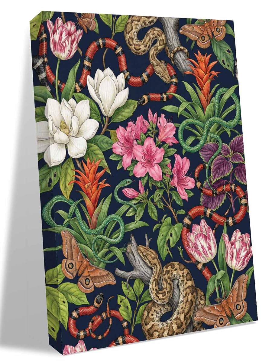 NuYeBiofx Tropical Snakes White Pink Flower Canvas Wall Art Prints,40"x28" Framed Picture Artwork Vintage Green Leaves Printed Canvas Oil Painting for Living Room Bedroom Office,Ready to Hang