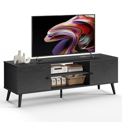 TV Stand for 55 60 inch TV, Modern Mid Century Entertainment Center with Storage, Wooden Media Console Table with 2 Cabinets, for Living Room, Bedroom, Black
