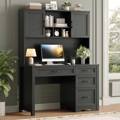 Farmhouse Desk with Hutch, Executive Desk with Storage Cabinet