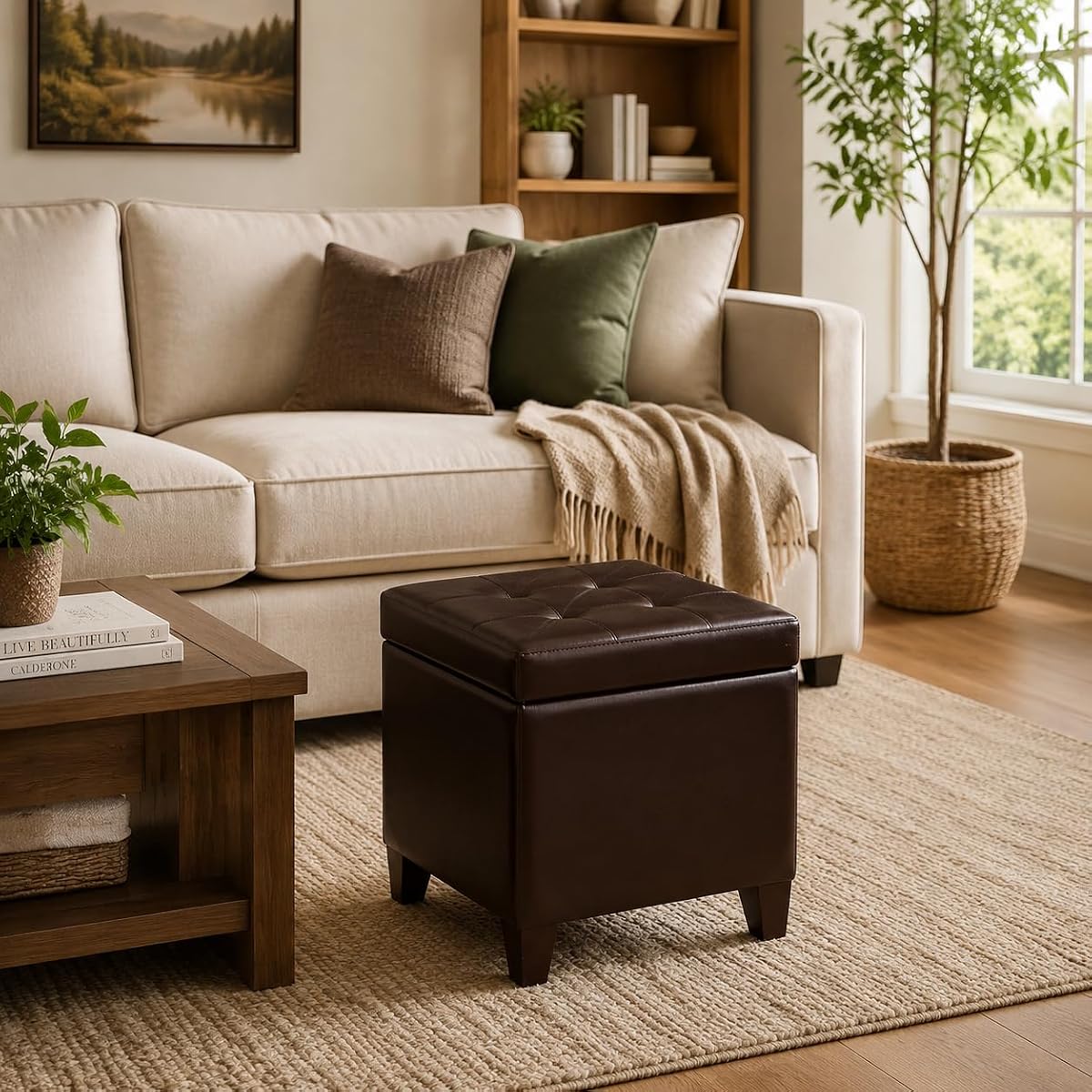 Leather Square Ottoman with Storage and Brown Legs