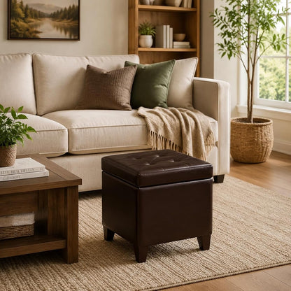 Leather Square Ottoman with Storage and Brown Legs